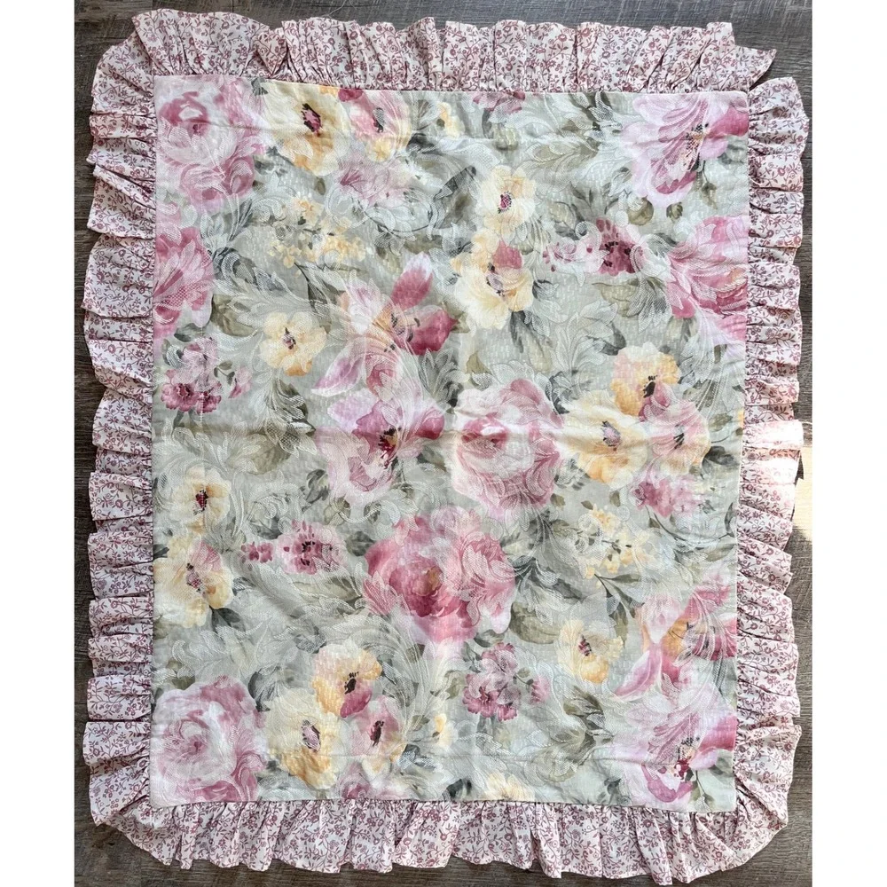 Vintage‎ Pink Pillow Sham with floral and stripes, Ruffle trim